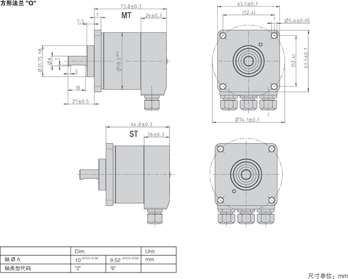 AC58-CANopen光電絕對值通用編碼器外形及安裝尺寸(方形法蘭Q) - 西安德伍拓自動化傳動系統有限公司