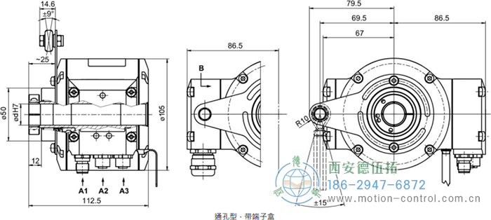 HMG10-T - EtherNet/IP絕對值重載編碼器外形及安裝尺寸(通孔型) - 西安德伍拓自動化傳動系統有限公司