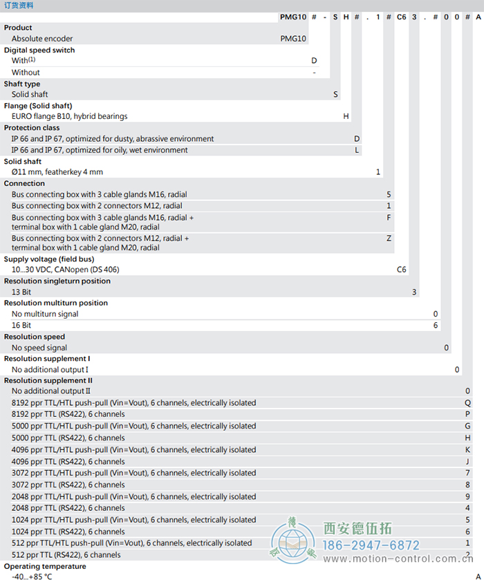 PMG10 - CANopen®絕對值重載編碼器訂貨選型參考(?11 mm實心軸，帶歐式法蘭B10或外殼支腳) - 西安德伍拓自動化傳動系統有限公司