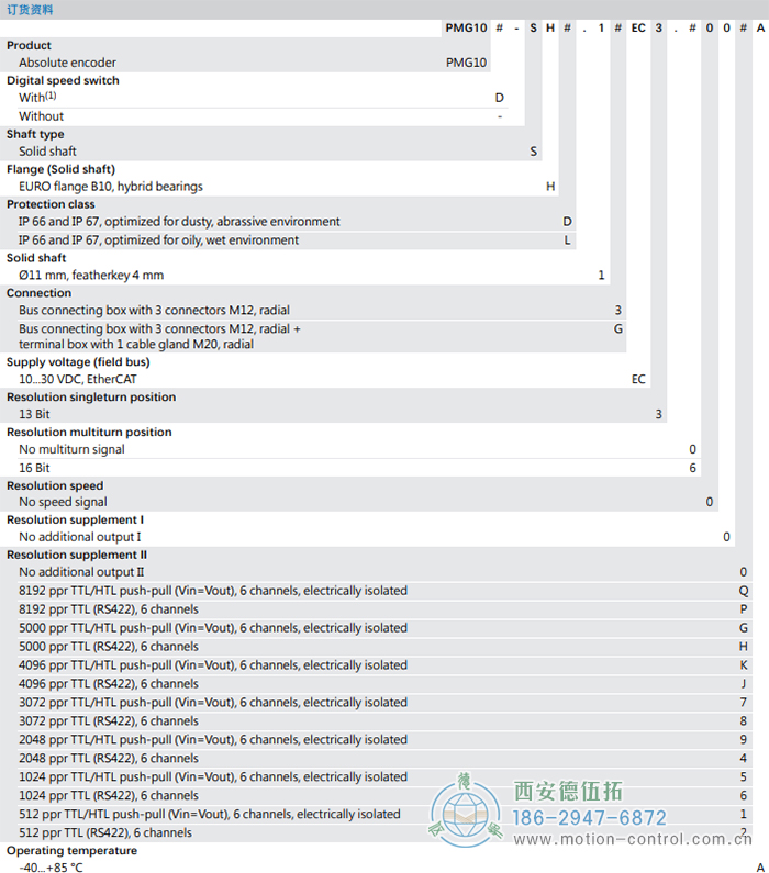 PMG10 - EtherCAT絕對值重載編碼器訂貨選型參考(?11 mm實心軸，帶歐式法蘭B10或外殼支腳 (B3)) - 西安德伍拓自動化傳動系統有限公司